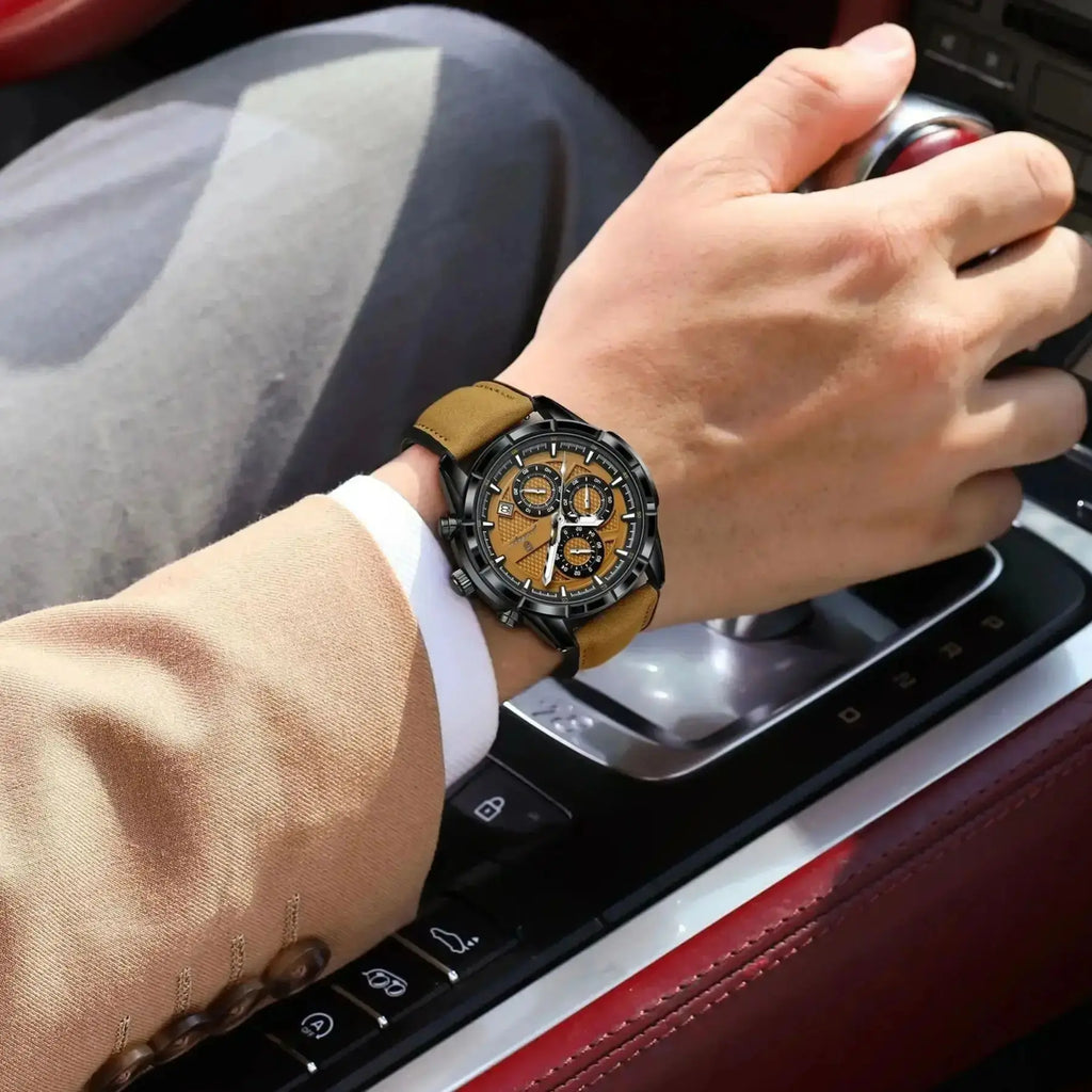 POEDAGAR Chrono Leather Wristwatch