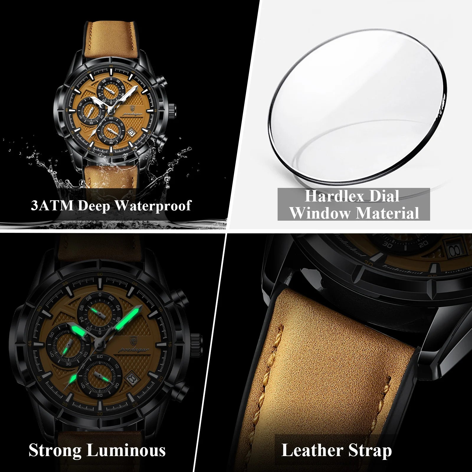 POEDAGAR Chrono Leather Wristwatch