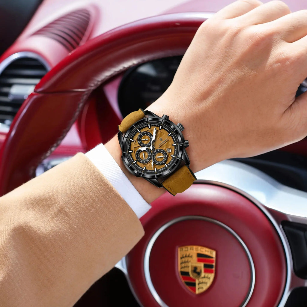 POEDAGAR Chrono Leather Wristwatch