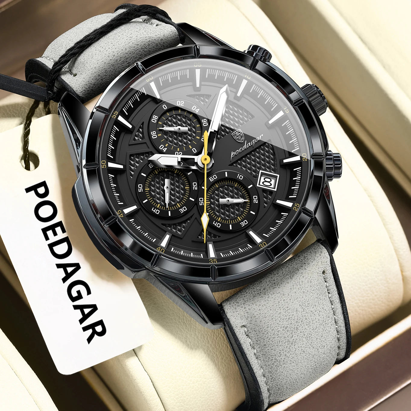 POEDAGAR Chrono Leather Wristwatch