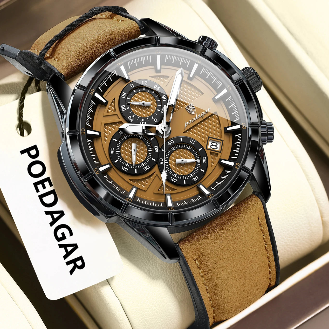 POEDAGAR Chrono Leather Wristwatch