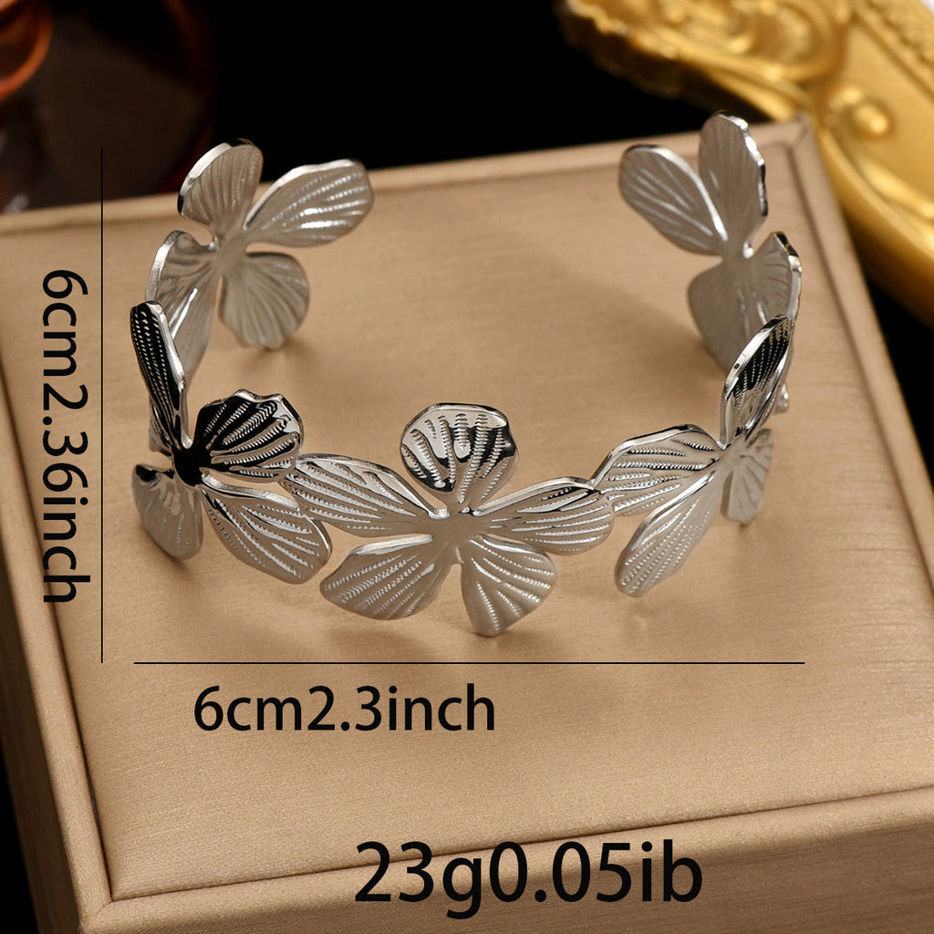 Lxalry 18K Gold Plated Stainless Steel Floral Carved Mirror Bracelet